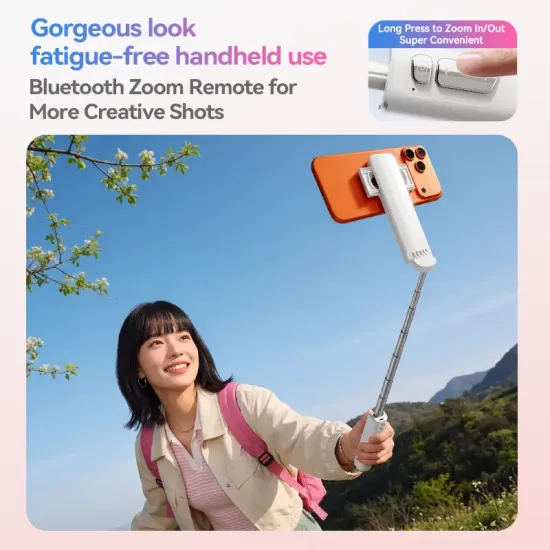 Magnetic Invisible Selfie Stick One Click Open Pocket Phone Stand with Zoom Remote and Carabiner for Vlog Shooting